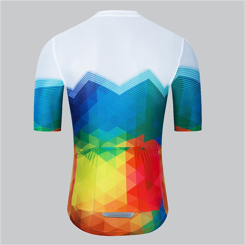 Men's Cycling Jersey Stripes Geometry Short Sleeve Bike Top with 3 Rear Pockets Mountain Bike MTB Road Bike Cycling Quick Dry Reflective Strips Back Pocket Moisture Wicking Sports White Yellow Red4