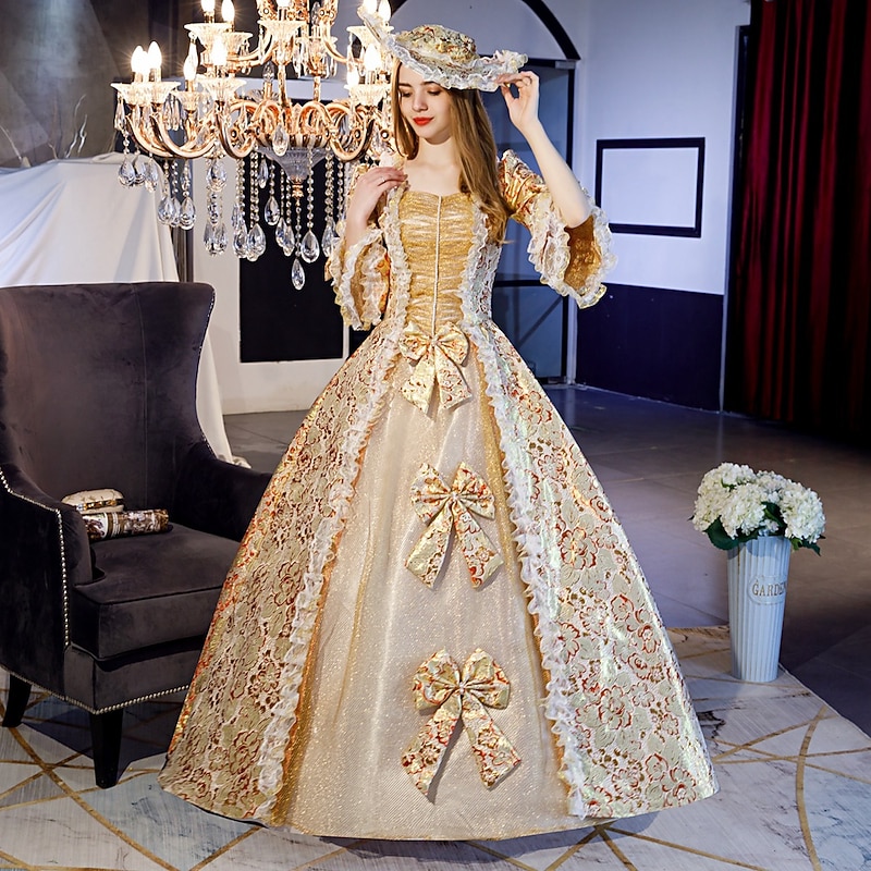 Rococo Victorian Renaissance Floor Length Dress Party Costume Masquerade Plus Size Normal Puff Balloon Sleeve Flare Cuff Sleeve Princess Plus Size Lace Toile Vintage Ball Gown Square Neck Fancy Dress