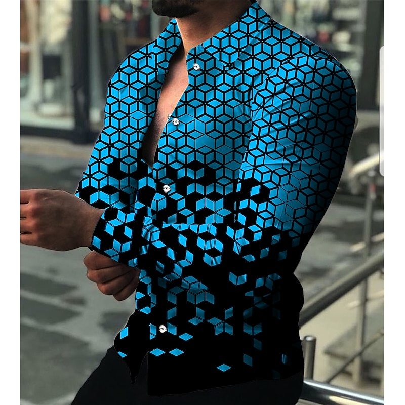 Men's Geometric Pattern Geometry Shirt Button Up Shirt Long Sleeve Fashion Designer Casual Outdoor Vacation Daily Fall & Winter Collar Print Button-Down Black Red Navy Blue Blue Green2