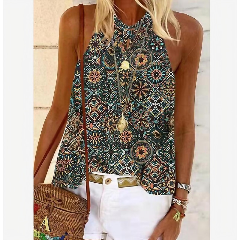 Women's Camisole Tank Top Halter Summer Tops Pink Blue Purple Graphic Floral Sleeveless Ethnic Boho Halter S