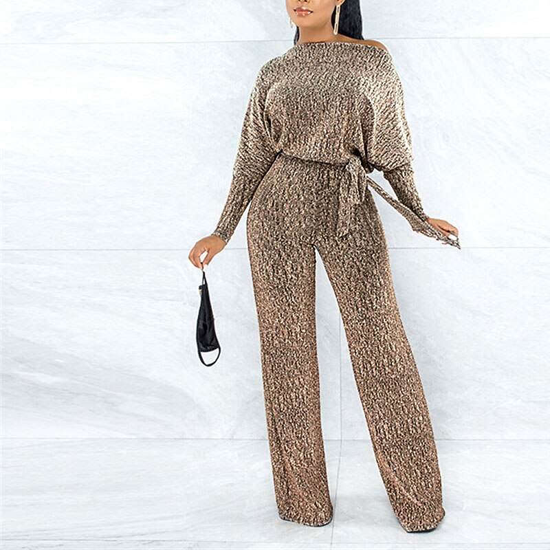 Women's Jumpsuit Sparkly Lace up Solid Color One Shoulder Casual Daily Party Street Wide Leg Regular Fit Long Sleeve Gold S M L Spring2