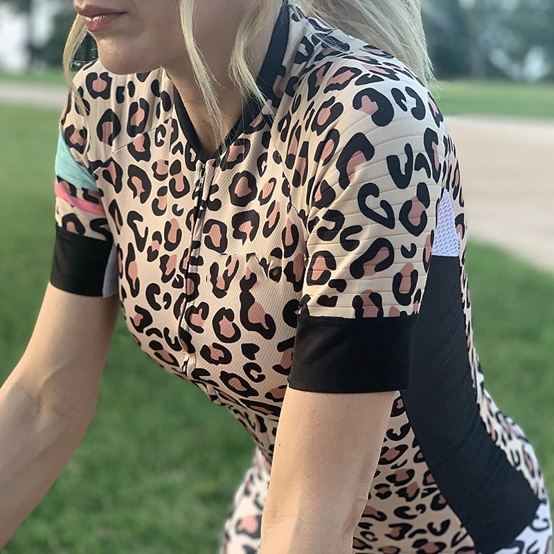 Women's Cycling Jersey Leopard Short Sleeve Bike Jersey Top with 3 Rear Pockets Mountain Bike MTB Road Bike Cycling Quick Dry Reflective Strips Back Pocket Moisture Wicking Sports Blue Brown Green2