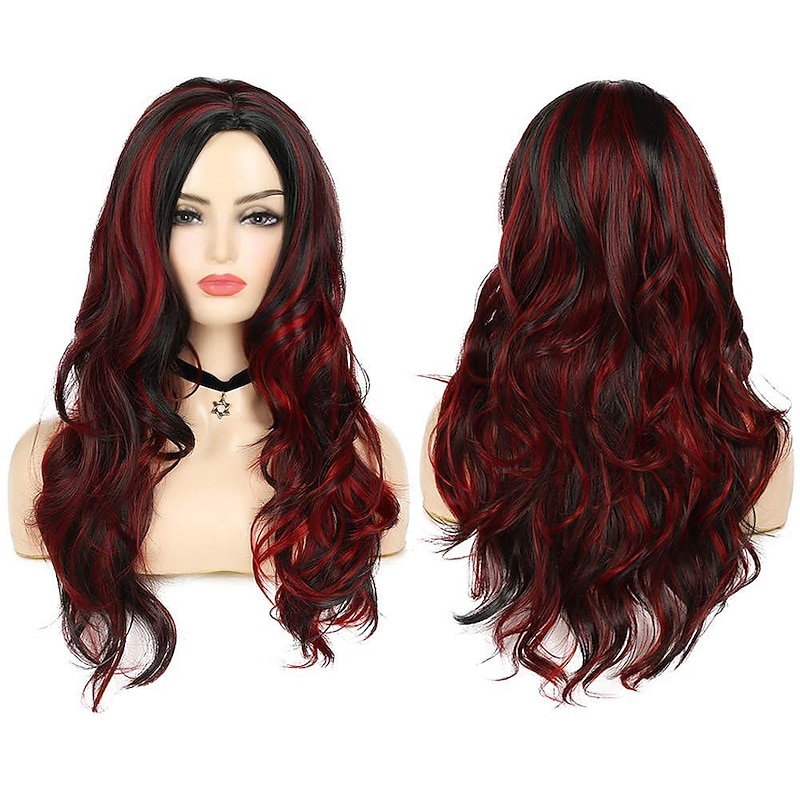 Black Red Wig Women's Long Wavy Wig Highlight Layered Silky Mid 2 Tone Synthetic Cosplay Costume Wig Christmas Party Wigs2