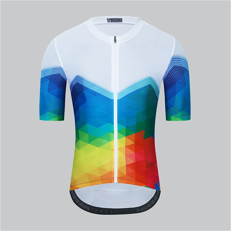 Men's Cycling Jersey Stripes Geometry Short Sleeve Bike Top with 3 Rear Pockets Mountain Bike MTB Road Bike Cycling Quick Dry Reflective Strips Back Pocket Moisture Wicking Sports White Yellow Red2