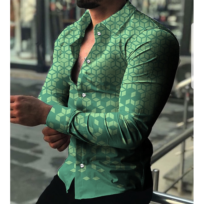 Men's Geometric Pattern Geometry Shirt Button Up Shirt Long Sleeve Fashion Designer Casual Outdoor Vacation Daily Fall & Winter Collar Print Button-Down Black Red Navy Blue Blue Green3