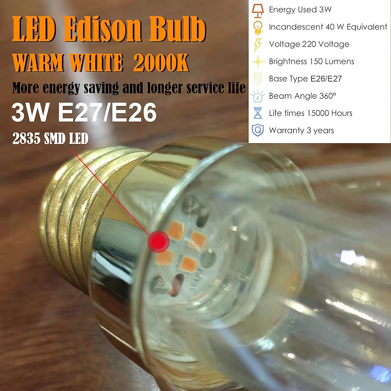 3PCS ST64 Vintage Edison LED Light guide Light Bulbs 3W 220V 110V E26/E27 Base Warm White 2200K Replacement Bulbs for Wall Sconces Lights Pendant Light Amber Warm & Squirrel Cage4