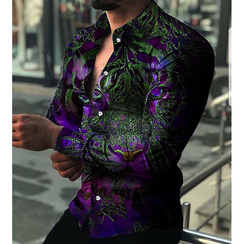 Men's Animal Tiger Geometric Pattern Shirt Button Up Shirt Long Sleeve Fashion Designer Casual Outdoor Vacation Holiday Fall & Winter Collar 3D Print Button-Down Yellow Red Navy Blue Blue Purple2