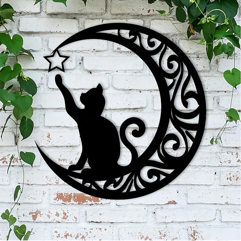 Metal cat and Moon Wall Decoration, Cat Art Silhouette Decor Cat and Moon Metal Wall Art Decoration, 3D Cat Sculpture Retro Metal Cut Out Design Plaque Crafts