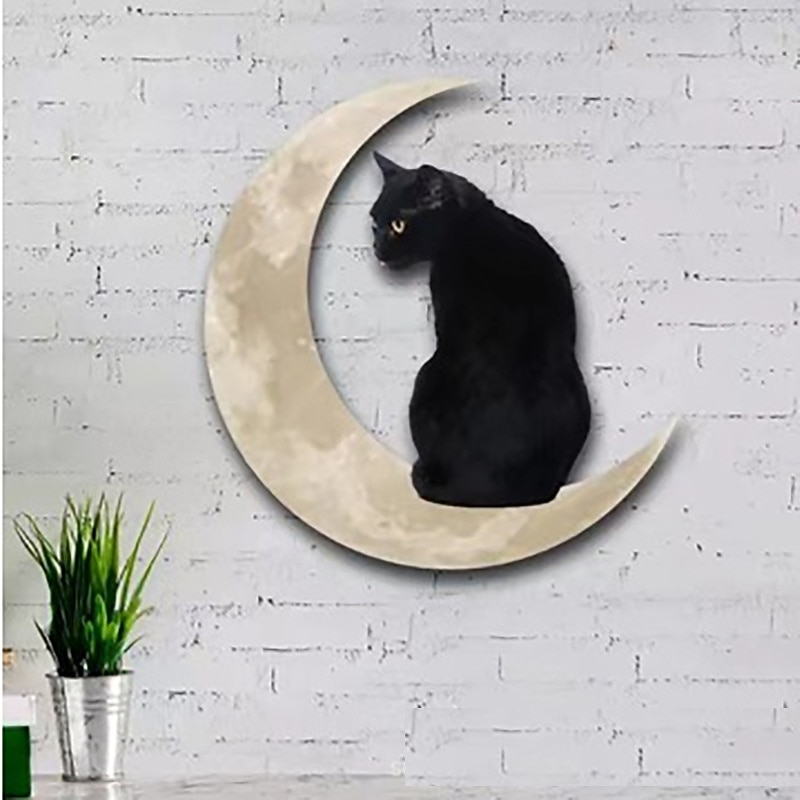 Metal cat and Moon Wall Decoration, Cat Art Silhouette Decor Cat and Moon Metal Wall Art Decoration, 3D Cat Sculpture Retro Metal Cut Out Design Plaque Crafts4