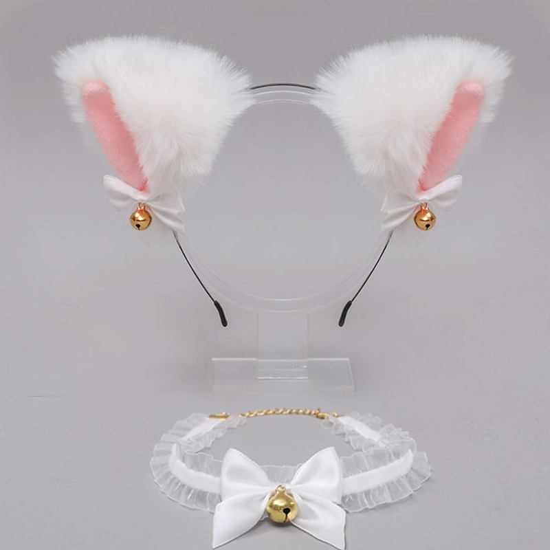 Cat Ears Headband Necklace with Bell Lovely Furry Kitten Headwear Lace Collar Set Headband Accessory for Festival Cosplay Detachable Cat Ear  Carnival Lolita Hair Accessory4