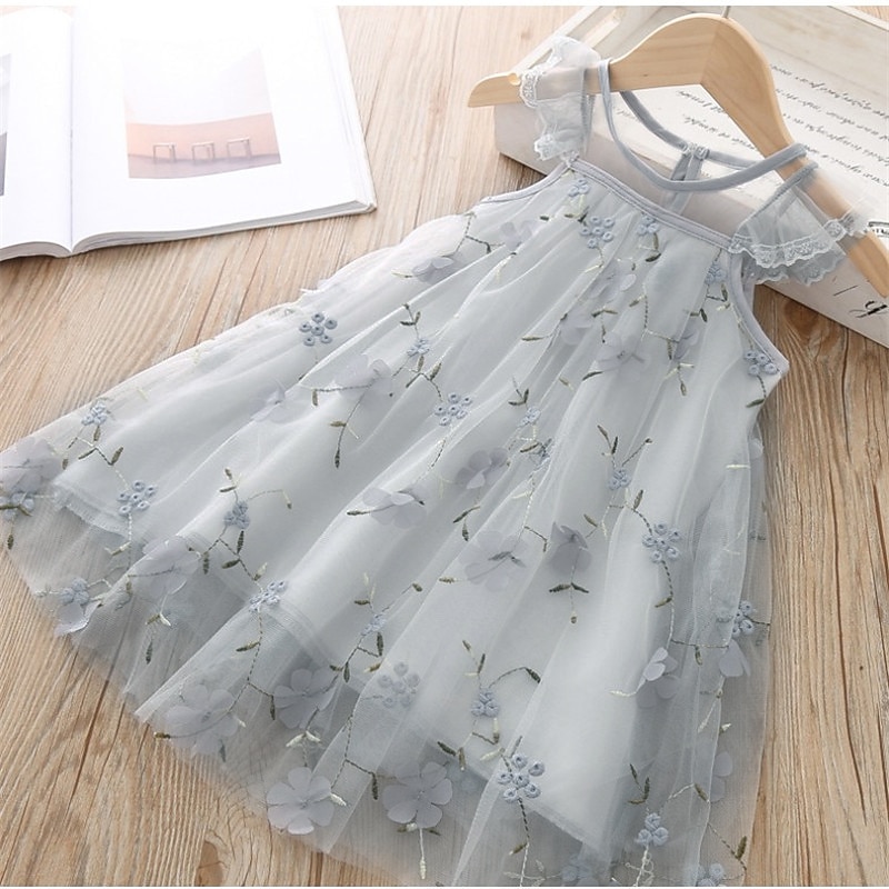 Kids Girls' Dress Flower Sleeveless School Daily Mesh Embroidered Elegant Sweet Cotton Summer Spring Fall 3-10 Years Pink Grey3