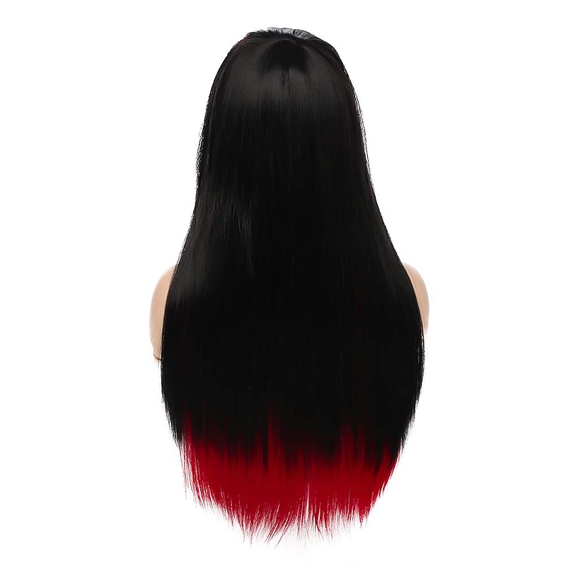 Long Red Black Wig Silk Straight Hair Synthetic Heat Resistant Side Bangs   Ladies Wig Halloween Wigs4