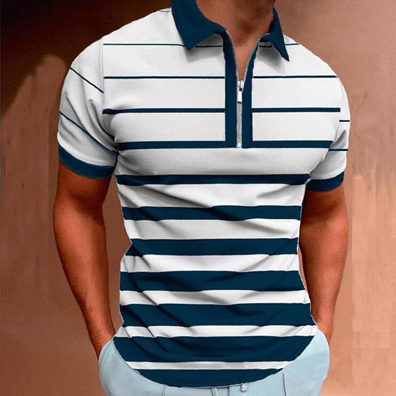 Men's Zip Polo Polo Shirt Street Casual Classic Collar Quarter Zip Short Sleeve Fashion Streetwear Color Block Striped Patchwork Zipper Summer Spring Regular Fit White Navy Blue Green Zip Polo3