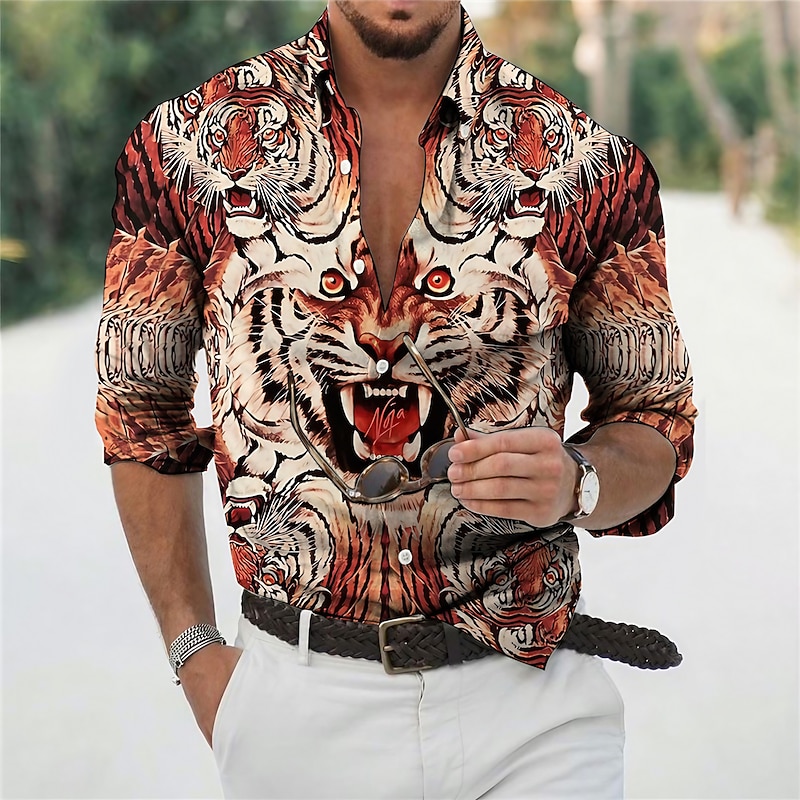Men's Animal Tiger Shirt Button Up Shirt Long Sleeve Fashion Designer Casual Outdoor Vacation Daily Spring & Summer Collar 3D Print Button-Down Yellow