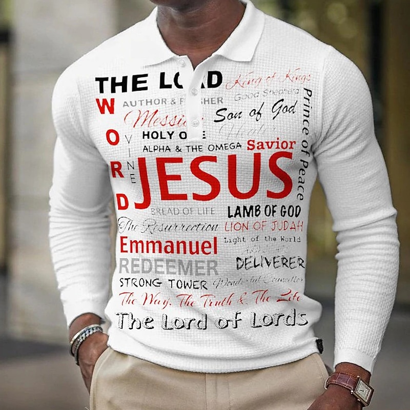 Men's Jesus Christian Waffle Polo Shirts Golf Shirt Long Sleeve Polo Shirts Collared Shirts Casual Vacation Wear Party Outfits Buttons 3D Print White Navy Blue Green