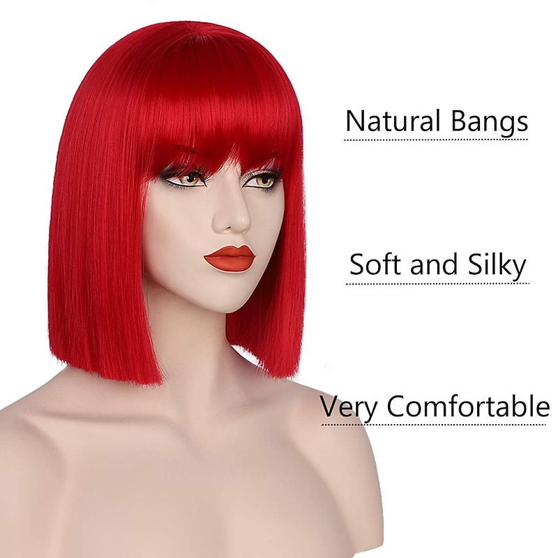 Women's Red Wig Short Red Bob Wig with Bangs Natural Look Soft Synthetic Wig Cute Wig Party Cosplay Halloween 12Inch Christmas Party Wigs3
