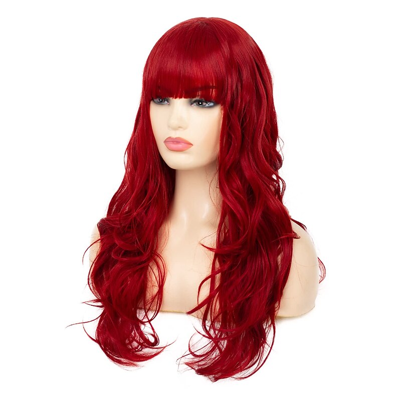 Long Curly Hair Wavy Red Wig with Bangs Synthetic Heat Resistant Silky Wig Cosplay Halloween and Everyday Use Christmas Party Wigs2