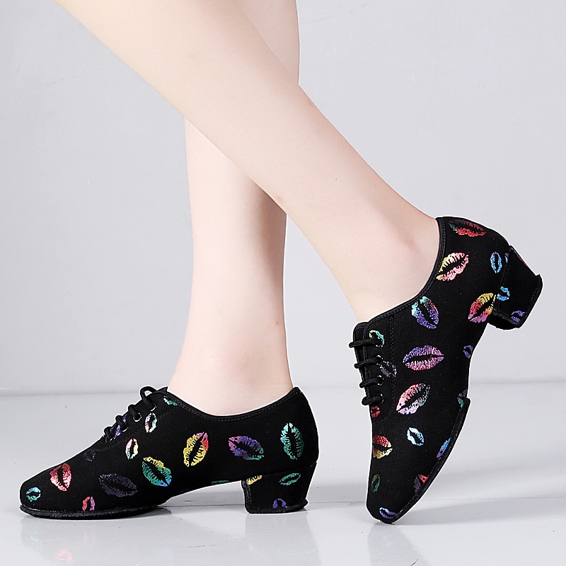 Women's Latin Shoes Practice Trainning Dance Shoes Line Dance Indoor Professional Pattern / Print Soft Two-Point Bottom Pattern / Print Lace-up Thick Heel Lace-up Rainbow3