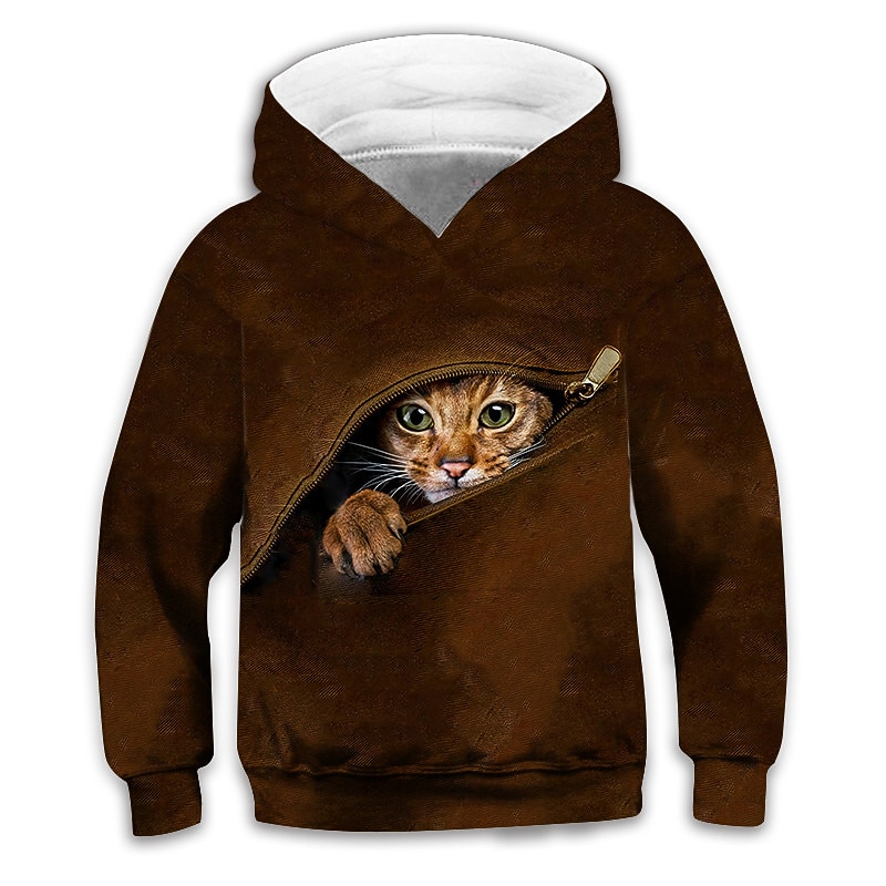 Kids Boys' Hoodie Long Sleeve Brown 3D Print Cat Animal Pocket Daily Indoor Outdoor Active Fashion Daily Sports 3-12 Years