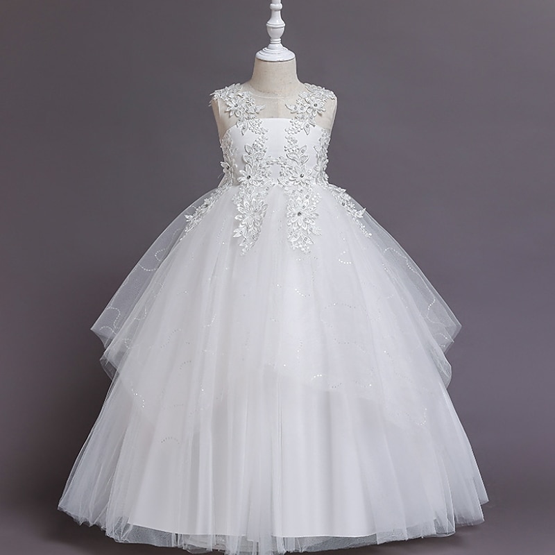 Kids Girls' Dress Floral Solid Colored A Line Dress Performance Wedding Party Ruched Mesh Pink Light Blue White Maxi Sleeveless Cute Princess Dresses Summer Fall Regular Fit 3-12 Years2