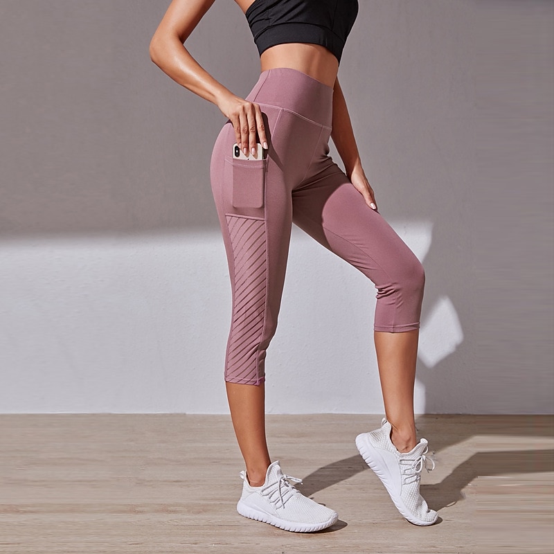 Women's Yoga Pants Side Pockets Butt Lift Tummy Control High Waist Pilates Gym Workout Running Capri Leggings Bottoms Solid Color Black Pink Dark Navy Spandex Mesh Fall Sports Activewear Stretchy3