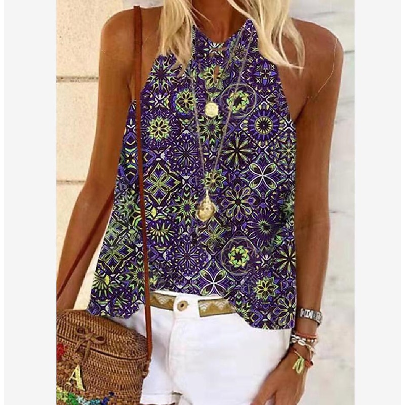 Women's Camisole Tank Top Halter Summer Tops Pink Blue Purple Graphic Floral Sleeveless Ethnic Boho Halter S2