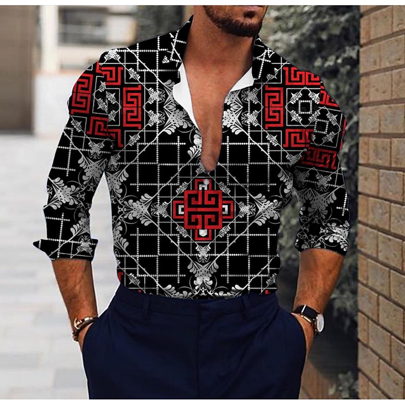 Men's Leaves Clock Shirt Button Up Shirt Vintage Designer Ethnic Style Daily Holiday Going out Spring, Fall, Winter, Summer Turndown 3D Print 21031 19014C gold c0018 19014C black c0015 5