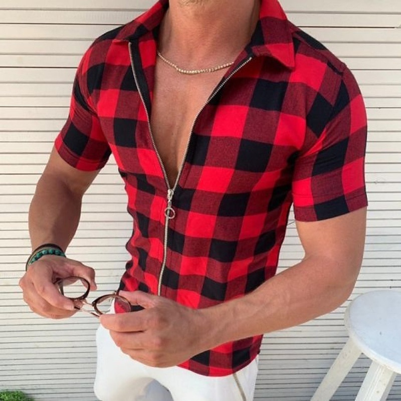 Men's Shirt Summer Shirt Plaid Shirt Checked Shirts Red Blue Green Gray Short Sleeve Plaid / Check Lattice Turndown Outdoor Street Print Clothing Apparel Polyester Fashion Casual Breathable2