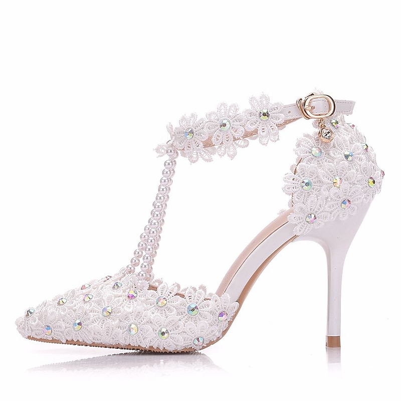 Women's Wedding Shoes Bridal Shoes Lace High Heel Pointed Toe Ankle Strap White Yellow Pink2