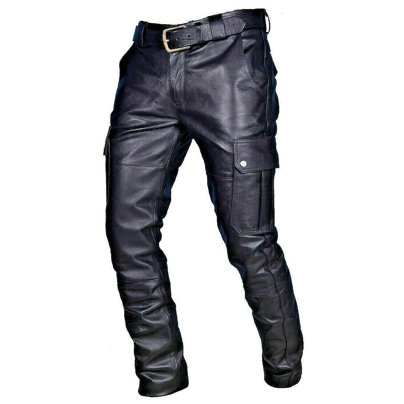 Men's Trousers Leather Pants Casual Pants Multi Pocket Solid Color Motorcycle Streetwear Fashion Black Red