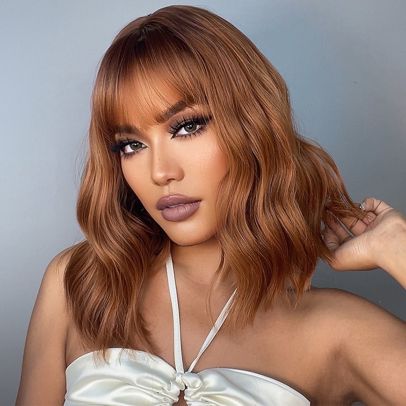 HAIRCUBE Cosplay Bob Wig with Bangs Auburn/Ombre Brown/Pink/green/Wine Synthetic Culy Wigs for African American Women Natural Christmas Party Wigs4