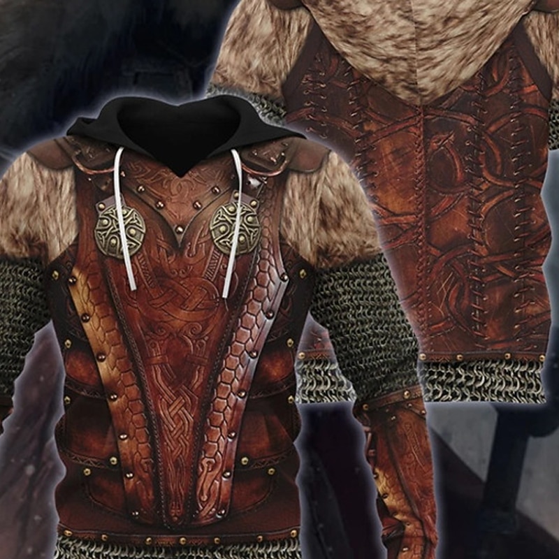 Men's Graphic Armor Viking Hoodie Hoodies Sweatshirt Vintage Streetwear Long Sleeve Hooded Casual Daily Holiday Brown Lace up Fall Spring &  Fall Designer2