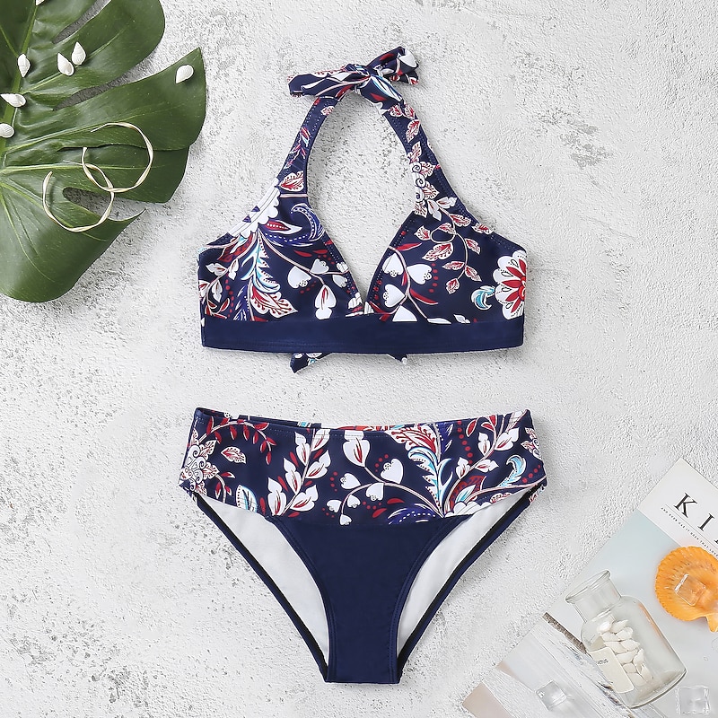 Women's Swimsuits Bikini 2 Piece Cheeky Swimsuit Halter 2 Piece Open Back Sexy Tropical Sexy Floral V Wire Sleeveless Bathing Suits3