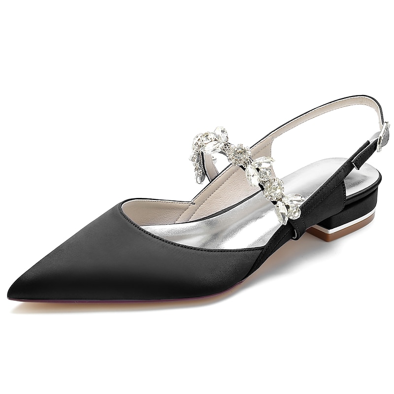 Women's Wedding Shoes Bridal Shoes Crystal Flat Heel Pointed Toe Luxurious Satin Ankle Strap Wine Black White 7