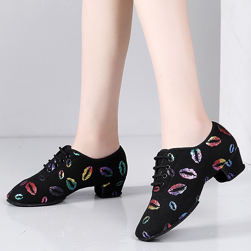 Women's Latin Shoes Practice Trainning Dance Shoes Line Dance Indoor Professional Pattern / Print Soft Two-Point Bottom Pattern / Print Lace-up Thick Heel Lace-up Rainbow4