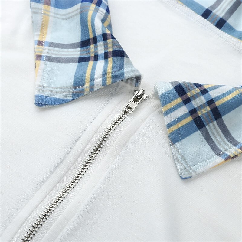 Men's Polo Shirt Golf Shirt Outdoor Work Standing Collar Long Sleeve Sports Fashion Plaid / Check Patchwork Braided All Seasons Slim White Blue Polo Shirt4