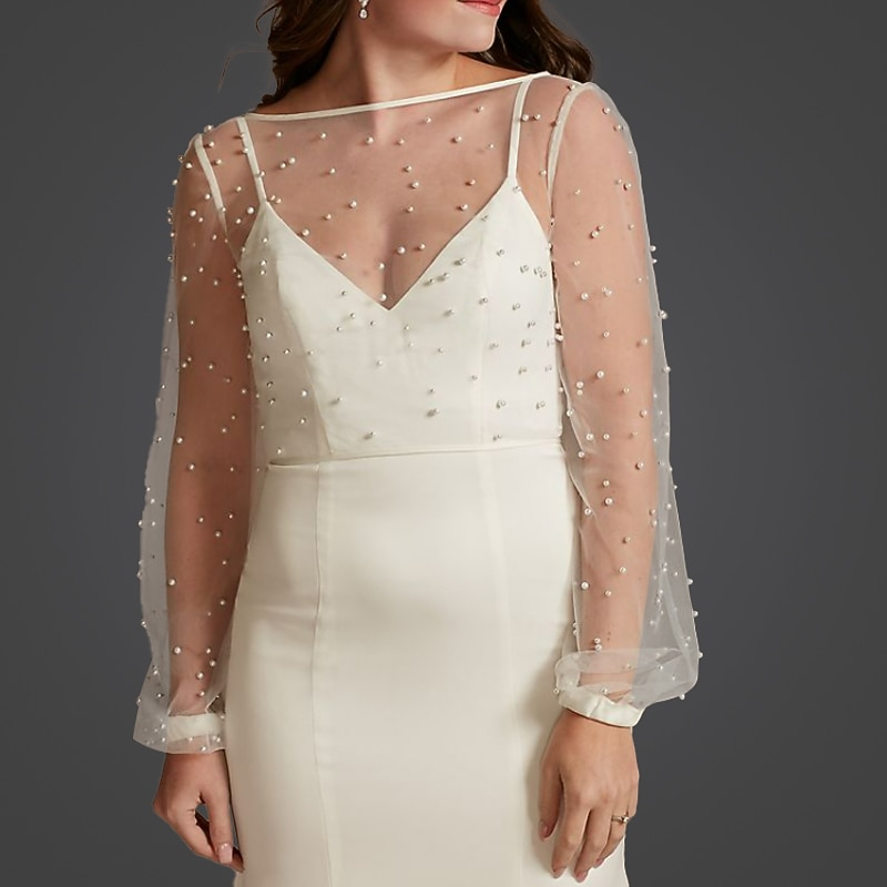 Ivory Faux Pear Shawl & Wrap Bridal's Wrap Bolero Luxury Bridal Puff Long Sleeve Lace Wedding Wraps  For Wedding Spring & Summer dress to impress