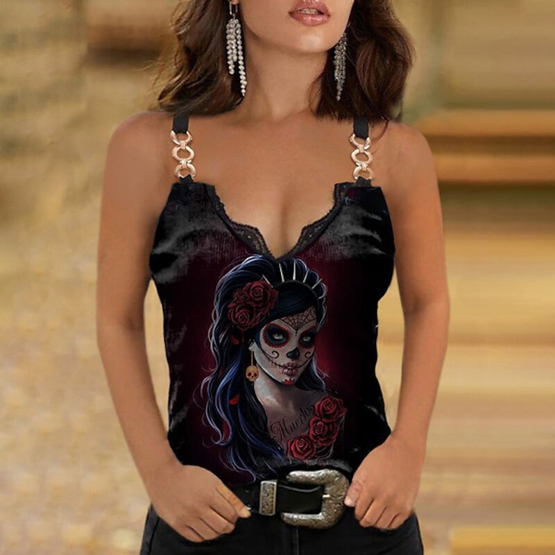 Women's Camisole Tank Top Going Out Tops Black Wine Red Skull Flower Lace Trims Print Sleeveless Holiday Weekend Casual V Neck Regular Floral S4