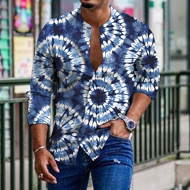 Men's Tie Dye Shirt Button Up Shirt Long Sleeve Fashion Designer Casual Outdoor Vacation Daily Spring & Summer Stand Collar Print Button-Down Blue Green Gray