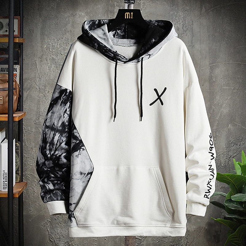 Men's Graphic Color Block Letter Hoodie Hoodies Sweatshirt Cool Casual Long Sleeve Hooded Casual Black White Patchwork Print Front Pocket Winter Spring &  Fall Designer3