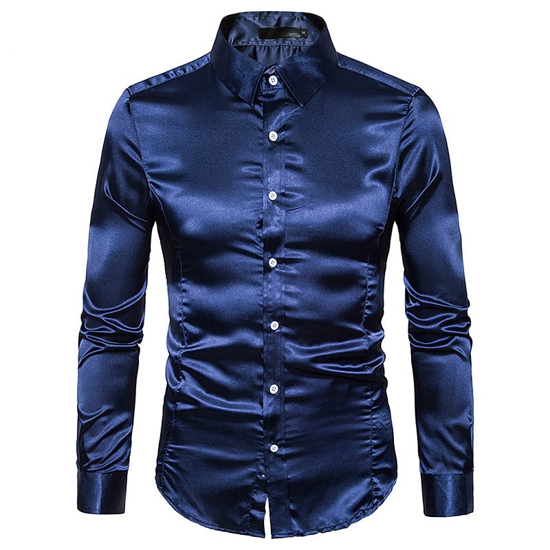 Men's Dress Shirt Collared Shirt Button Up Shirt Prom Shirt Satin Silk Shirt Plain Wedding Party Navy Black White Yellow Long Sleeve Collar Clothing Apparel3
