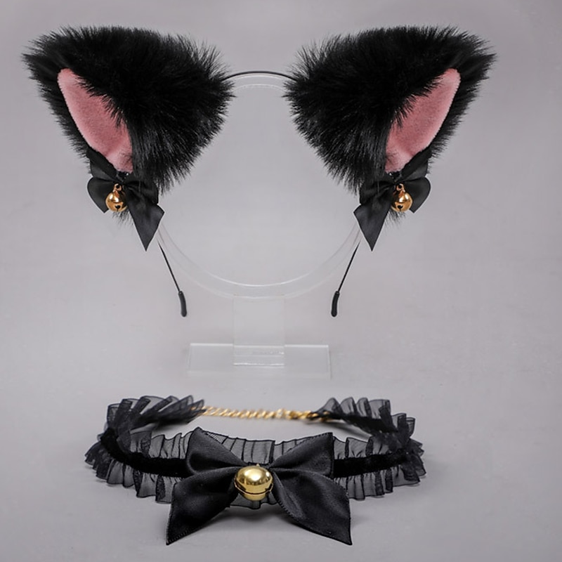 Cat Ears Headband Necklace with Bell Lovely Furry Kitten Headwear Lace Collar Set Headband Accessory for Festival Cosplay Detachable Cat Ear  Carnival Lolita Hair Accessory