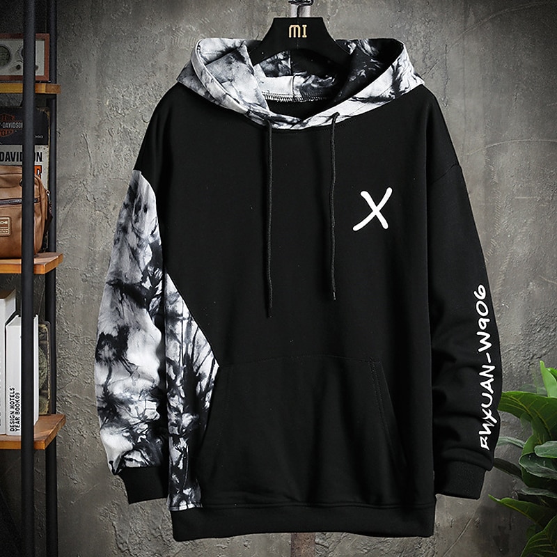 Men's Graphic Color Block Letter Hoodie Hoodies Sweatshirt Cool Casual Long Sleeve Hooded Casual Black White Patchwork Print Front Pocket Winter Spring &  Fall Designer2