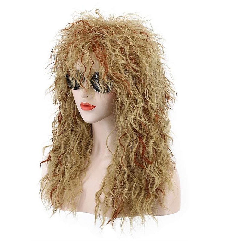 Men Women Long Curly Orange Mix Blonde 70S Heavy Metal Rocker Wig 80S Costume Anime Wig (Only Wig without Glasses) Halloween Wigs2