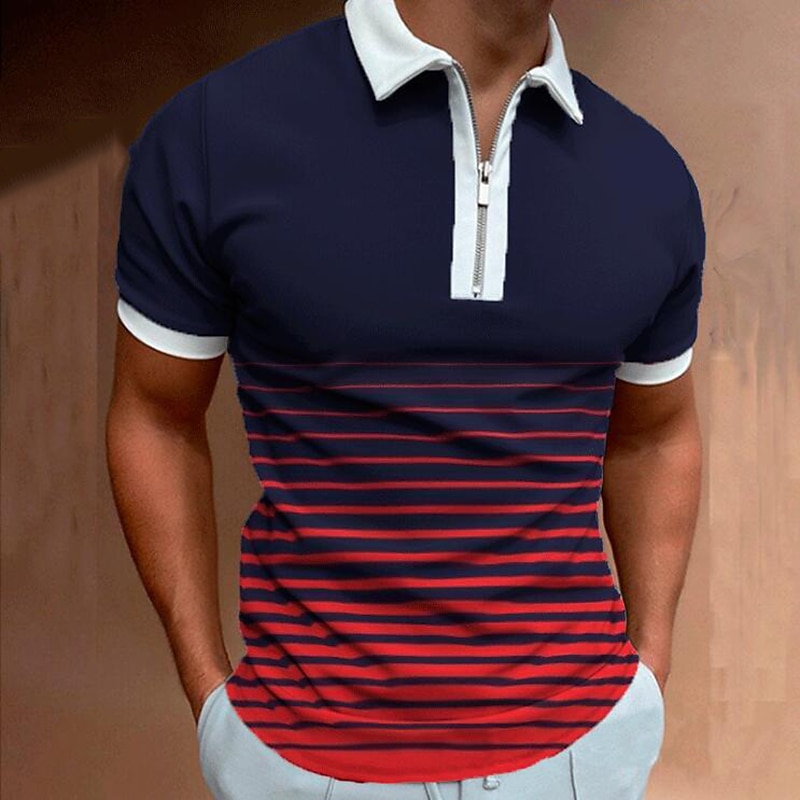 Men's Zip Polo Polo Shirt Street Casual Classic Collar Quarter Zip Short Sleeve Fashion Streetwear Color Block Striped Patchwork Zipper Summer Spring Regular Fit White Navy Blue Green Zip Polo2