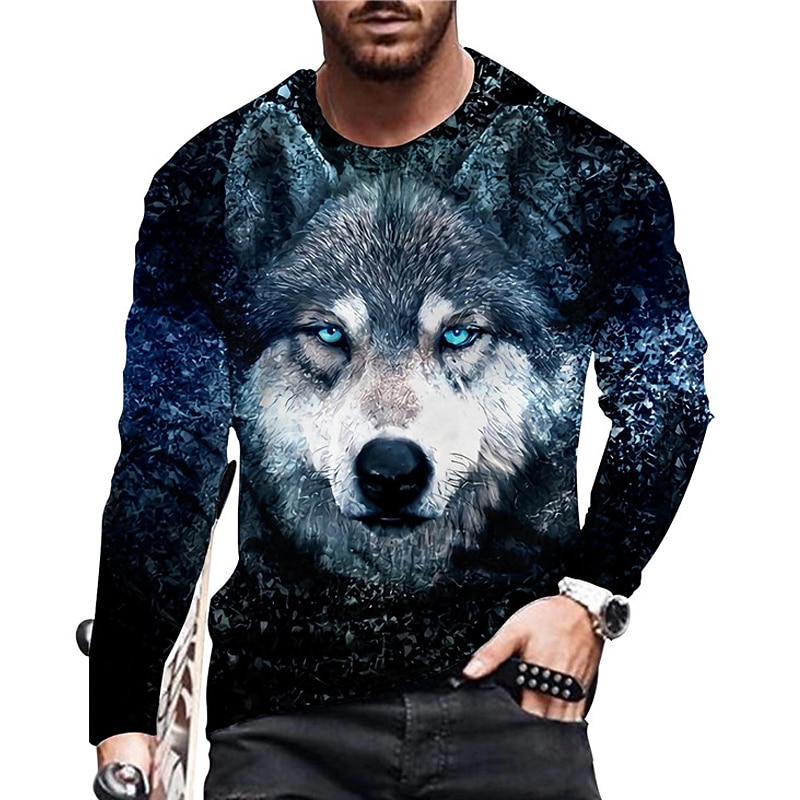 Men's Unisex Wolf Graphic Prints T Shirt Funny T Shirts Long Sleeve T shirt 3D Print Crew Neck Shirt Designer Casual Big and Tall Daily Holiday Blue Spring &  Fall Clothing Apparel S M L XL XXL 3XL