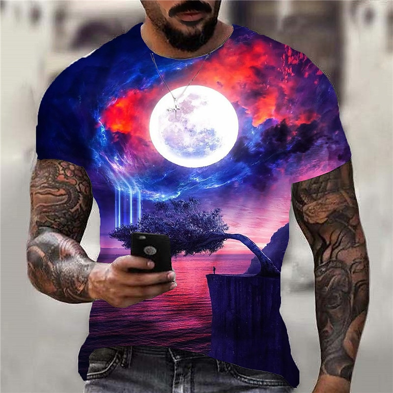 Men's Graphic Galaxy Spooky Moon T Shirt Short Sleeve T shirt 3D Print Crew Neck Shirt Sports Designer Classic Daily Sports Weekend Black Royal Blue Blue Summer Clothing Apparel S M L XL XXL 3XL 4XL2