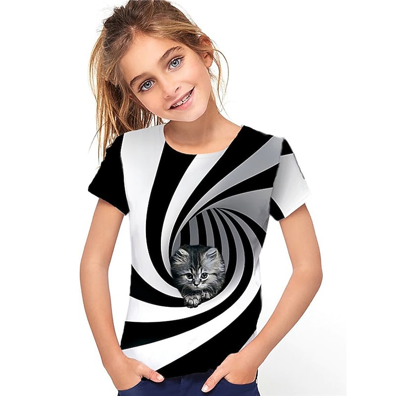 Girls' 3D Animal Cat T shirt Short Sleeve 3D Print Summer Spring Active Fashion Cute Kids 3-12 Years Outdoor Daily Indoor Regular Fit