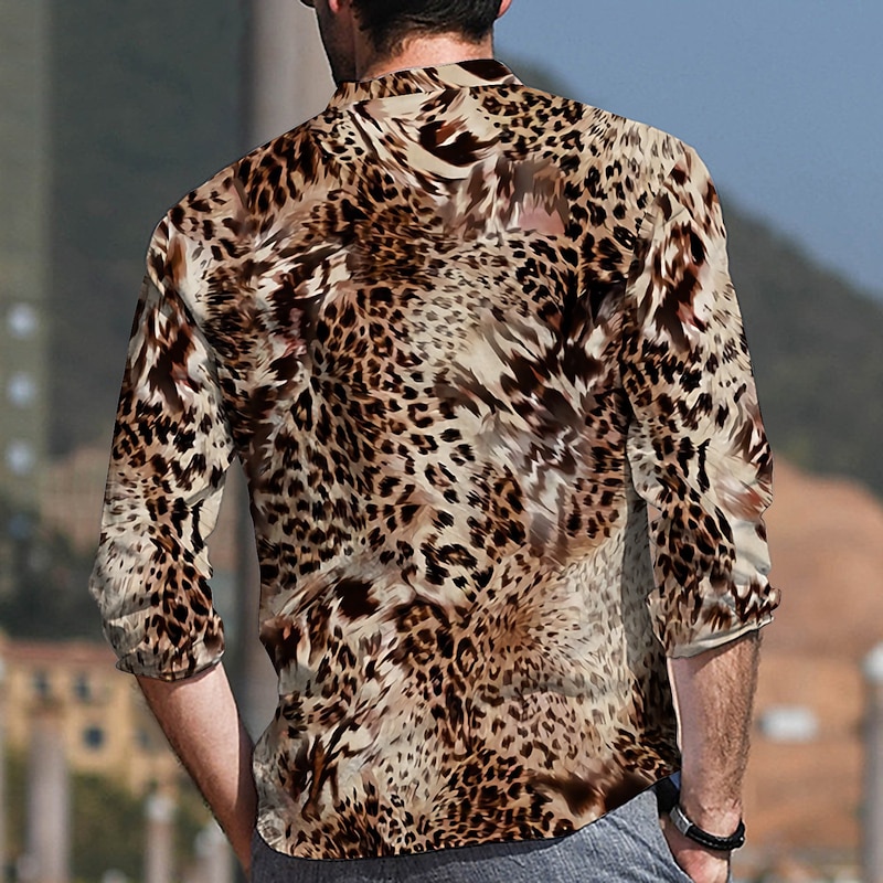 Men's Leopard Shirt Button Up Shirt Long Sleeve Fashion Designer Casual Outdoor Vacation Daily Spring & Summer Stand Collar 3D Print Button-Down Black Red Purple Brown Green2