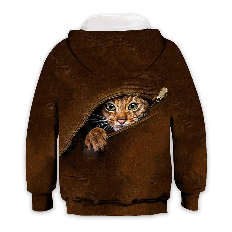 Kids Boys' Hoodie Long Sleeve Brown 3D Print Cat Animal Pocket Daily Indoor Outdoor Active Fashion Daily Sports 3-12 Years2